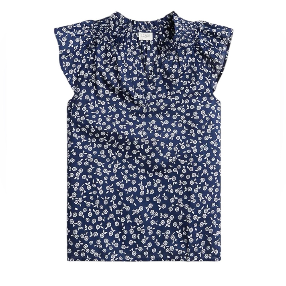 J.Crew Factory Floral Print Flutter Sleeve Top in Antique Navy Ivory